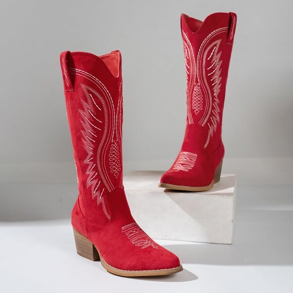⚡Women's Red Solid Color Suede Embroidered Side Zipper High Heeled Boots - Picture 6 of 7